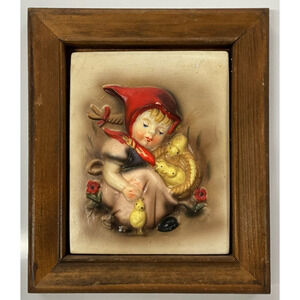 Vintage Hummel 3D Framed Wall Art Cottagecore Little Girl w Chicks Grannycore